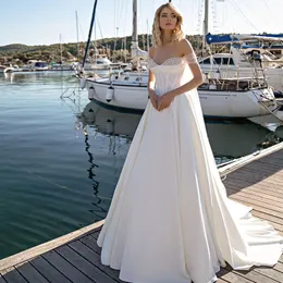 Elegant A-Line Wedding Dresses Sweetheart Pearls Bridal Dress Backless Boning Satin Beach Wedding Clows for Women