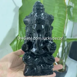 큰 검은 흑요석 돌 가네샤 조각상 조각 된 장식 장식 천연 화산 용암 유리 석영 크리스탈 코끼리 신 힌두 신 Ganesh 입상 제단 신성한 연결