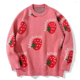 Herrtröjor tröja lacible harajuku fruktmönster stickat jordgubbe tryck streetwear unisex o-hals pullover rosa japanska