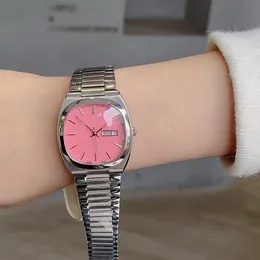 lyxklockor fyrkantig mode kvarts rörelse rostfritt stål 36mm dubbel kalender display om flickors stora urtavla rosa svart orange fällbara spänne kvinnors klocka