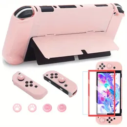 Söt dockningsbart fodral för Nintendo Switch OLED skyddande handtag hudskydd med härdat glasskärmskydd, 4st tumpinnskydd (rosa)