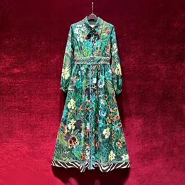 2023 Summer GreenFloral Print Panelled Dress Long Sleeve Lapel Neck Buttons Long Maxi Casual Dresses A3Q122153