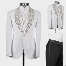 Luxus Männer Hochzeit Smoking Perlen Revers Bräutigam Tragen 3 Stück Anzug Blazer Hosen Weste Prom Abend Party Nach Maß
