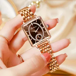 Armbanduhren Luxus quadratische Damenuhr aus Roségold mit Diamanten, Edelstahl, wasserdicht, Quarz, Damen