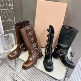 miui Designer Luxury Cowboy Boots For Women Tall Boots Shoes Y2K Style Cool Girl Brown Leather Boots Cowgirl Boots Round Toe Chunky Heel Martin Boots High Version