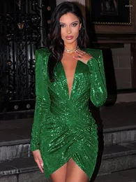 Casual Dresses TEMUSCOLA Deep V Neck Glitter Green Dress Women Solid Long Sleeve Bodycon Ruched Shoulder Pad Sexy Party Club Vestidos