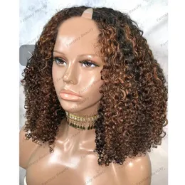 4b 4c afo kinky curly women 100％人間の髪のオンブルブロンド1x4 vパートウィッグナチュラルルックglessless茶色の弾力性縮れvパートウィッグ