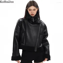 Women's Leather Kohuijoo Autumn Winter Shearling Short Jacket 2023 Thick Warm Lambswool Oversize Black Zipper Motorcycle Coat Loose