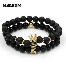 Mode Handgemaakte 2 Stuks Lot CZ Crown Charm Paar Lava Stone Bead Armbanden Sets Voor Vrouwen Mannen Sieraden Bileklik Pulseira Masculina113195