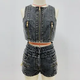 Kvinnors träningsdräkter PREPOMP 2023 Autumn Collection ärmlös Multi Zipper denim Tank Top Vest Shorts Jeans Two Piece Set Women Outfits GL105