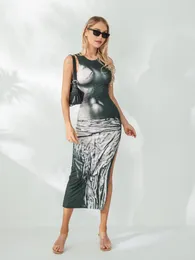 Casual klänningar Elegant blommigt tryck ärmlös maxiklänning för kvinnor - Stylsk besättning hals lång bodycon med sidoslits sommarfester