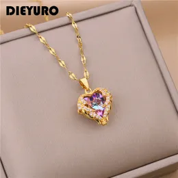 Подвесные ожерелья Dieyuro 316L из нержавеющей стали Красивое сердце Сердце Аметист золото блестящее подарка темперамента Женщины Ювелирные изделия ежедневно 230802