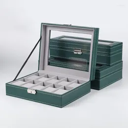 Scatole per orologi 6/10/12 slot Scatola in pelle PU Organizer Custodia Portaoggetti Gioielli in vetro Bracciale multifunzionale Display VERDE