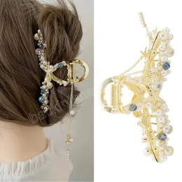 Women Starfish Pearl Tassel Hair Clip Shell Star Fringe Hair Claw Gold Cross Geometric Hairpin Alloy Hair Accessories