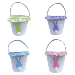 Party Favor Easter Bunny Baskets Kids Easter Fluffy Rabbit Tail Bucket Canvas Gift Tote Handbag Easter Eggs Hucket Shopping Väskor Sea Shipping Q394