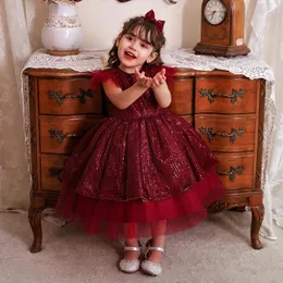 Abiti da ragazza 2023 Cerimonia di spettacolo Primo abito di compleanno per il battesimo del bambino Pizzo Principessa Paillettes Partito Fluffy Tutu Vestidos