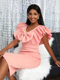 Grundläggande casual klänningar Aomei Women Pink Party Dress Bodycon Elegant Ruffle Sleeves Bow V Neck Slim firar Midi Birthday Cocktail Event Cute Prom 230802