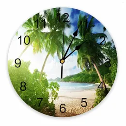 Wall Clocks Beach Bush Green Sun Decorative Round Clock Arabic Numerals Design Non Ticking Large For Bedrooms Bathroom