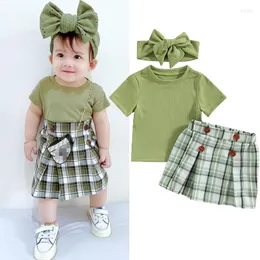Kleding Sets FOCUSNORM 3 stks Baby Meisjes Mode Kleding Korte Mouw Effen T-shirt Met Plaid Gedrukt A-lijn Rok En Haarband