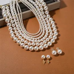 Korean Fever Same High-End Texture Inset Vintage Round Bright White Pearl Necklace Earrings For Women Trend Brand Charm Jewelry