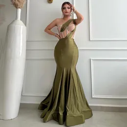 Sage One Shoulder Mermaid Evening Dresses Beaded Aweetheart Illusion Prom Gown 노출 된 Boning Satin 형식 착용 326 326