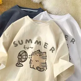 Damska koszulka American Street Creative Blow Fan Cat Pure Cotton Tshirt dla mężczyzn i kobiet Summer Relaked krótkie rękawe Para Zużycie Ins 230802