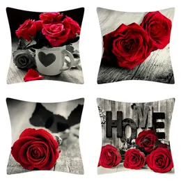 45 x 45 cm roter Rosen-Blumen-Kissenbezug für Zuhause, Hochzeit, Dekoration, Sofa, Bett, Lendenkissenbezug, Polyester-Kissenbezug mit rotem Rosendruck