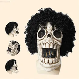 Maski imprezowe Przerażające Halloween Full Head Skull Mask z włosami Realistyczne lateksowe hełm anime Brook Cosplay Przerażające szkieletowe maski L230803