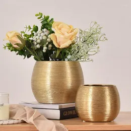 Vases Gold-plated Ceramic Brushed Vase Living Room Desktop Succulent Round Flower Pot Simple And Creative Home Decoration