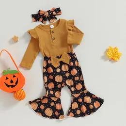 Set di abbigliamento 3PCS Halloween Born Baby Girls Outfit Autunno Ruffle Rib Maniche lunghe Pagliaccetto Zucca Stampa Flare Pantaloni Fascia Vestiti per bambini