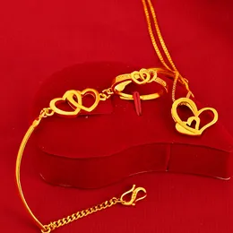 Plätering av guld kvinnors dubbla kärlek hjärtring halsband armband tre stycken set bröllop smycken set
