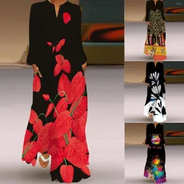 Casual Dresses 3D Flower Printed Long Maxi Dress 2023 Autumn Sleeve Beach Plus Size Girls Elegant Boho Loose Party