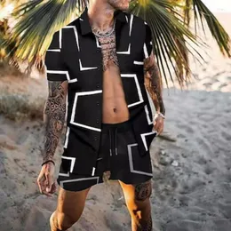 Herrspårar Summer Hawaiian Shirt Set Suit Black and White Navy Geometric Collar Beach Wear Casual