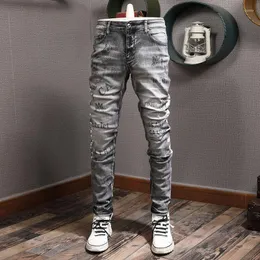 Jeans Masculino High Street Moda Masculino Retrô Preto Cinza Elástico Ajuste Justo Rasgado Graffiti Estampado Calças de Marca Hip Hop