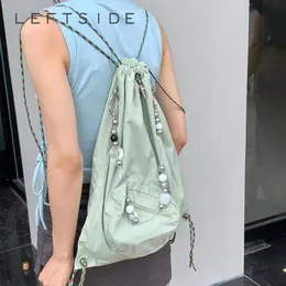 School Bags LEFTSIDE Green Nylon Beaded Drawstring Women Big Backpack Trendy Korean Fashion Shoulder Bag Y2k 2023 Travel Backpacks 230804