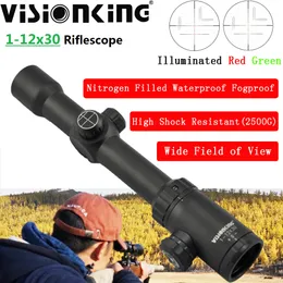Visionking 1-12X30 높은 충격 저항 줌 RifleScope MIL-DOT 방수 헌팅 조명 넓은 시야 광학 시력