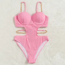 Women's Swimwear Sexy Push Up Underwire Swimsuit Women Solid Pink Metal Chain Hollow Out Ribbed Bathing Suit Backless Swimwear Monokini 230803