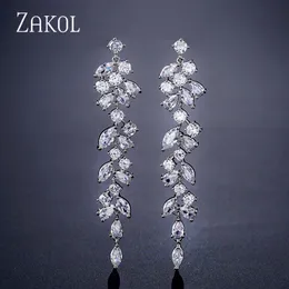 Dangle Chandelier ZAKOL Fashion Cubic Zirconia Leaf Long Earrings for Elegant Women White Leaves Drop Earring Bridal Wedding Jewelry 230804