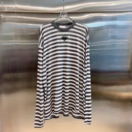 2023 Summer New Thin Sun Protection Long Sleeve Round Neck Black and White Stripe T-shirt Women's Large Age Reducing Ice Silk Top