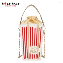 Kvällspåsar roliga popcorn hinkformade kvinnor axelväska och handväska casual flickor röd rand crossbody kvinnlig kawaii purses gåvor