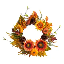 24 Fall Sunflower, Pumpkin, Gourds, Pinecone och Berries Autumn Artificial Wreath, Orange