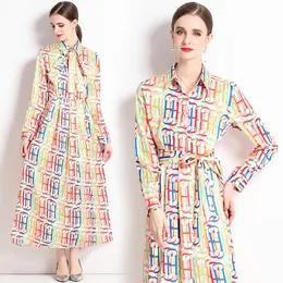Vintage Printed Shirt Long Dress Full Sleeve Elegant Runway Designer Womens Lapel Button Lace Up Bow Maxi Dresses 2023 Office Ladies Slim A-line Cocktail Party Frocks
