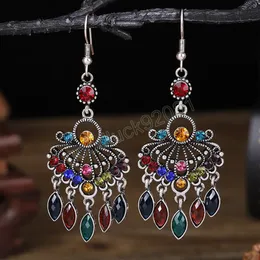 Ethnic Vintage Water Drop Tassel Earrings for Women Hollow Flower Shaped Rhinestone Crystal Dangle Earrings Pendientes Mujer