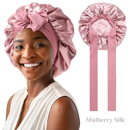 Wide Brim Hats Bucket 100 Mulberry Silk Sleeping Bonnet for Women Large Sleep Cap with Elastic Tie Band Curly Dreadlock Braid Hair Care 230804