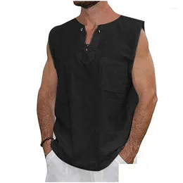 Men's Tank Tops Mens Male Summer Cotton Linen T Shirt Sleeveless Henley Casual Loose Tee Breathable Soft T-shirts Drop Delivery Appa Dhipz