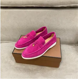 Designer LP Suede Flat Shoes Woman Slip On Men Loafers Metal Lock Dekorera Round Toe Flat Mules Casual Shoes Summer Ladies Shoes Dress Shoes Storlek 35-45