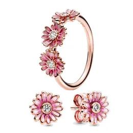 Orecchini a forma di anello trio con fiore margherita rosa incastonati per Pandora Anelli di design in oro rosa 18 carati per donne Ragazze Set di gioielli di lusso con diamanti di cristallo Orecchini con scatola originale