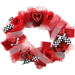 20-Zoll-Valentinstag-Bandkranz mit Rosen, Schleifen und glitzernden Herzen, festliche hängende Tür- oder Wanddekoration FF020VTWR002-0RED