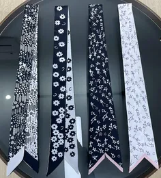 Scarves Black And White Flower Print Women Fashion Skinny Small Bag Twill Silk Scarf Ribbon Head Hair Handle Tie For