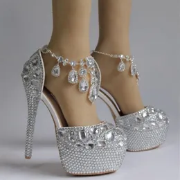 2022 SEXY SLIVER Crystal Wedding Bridal Shoes High Heels 14cm 5cm Pumpar Bling For Prom Evening Party Dress Rhinestones Beaded271L